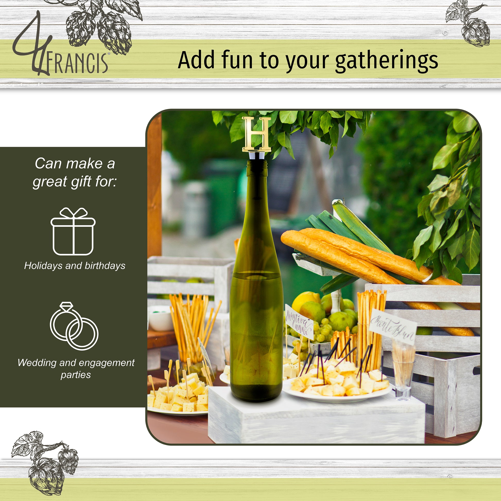 Reusable Wine Cork Bottle Wine Stopper Top Closer Seal, Brass “H”