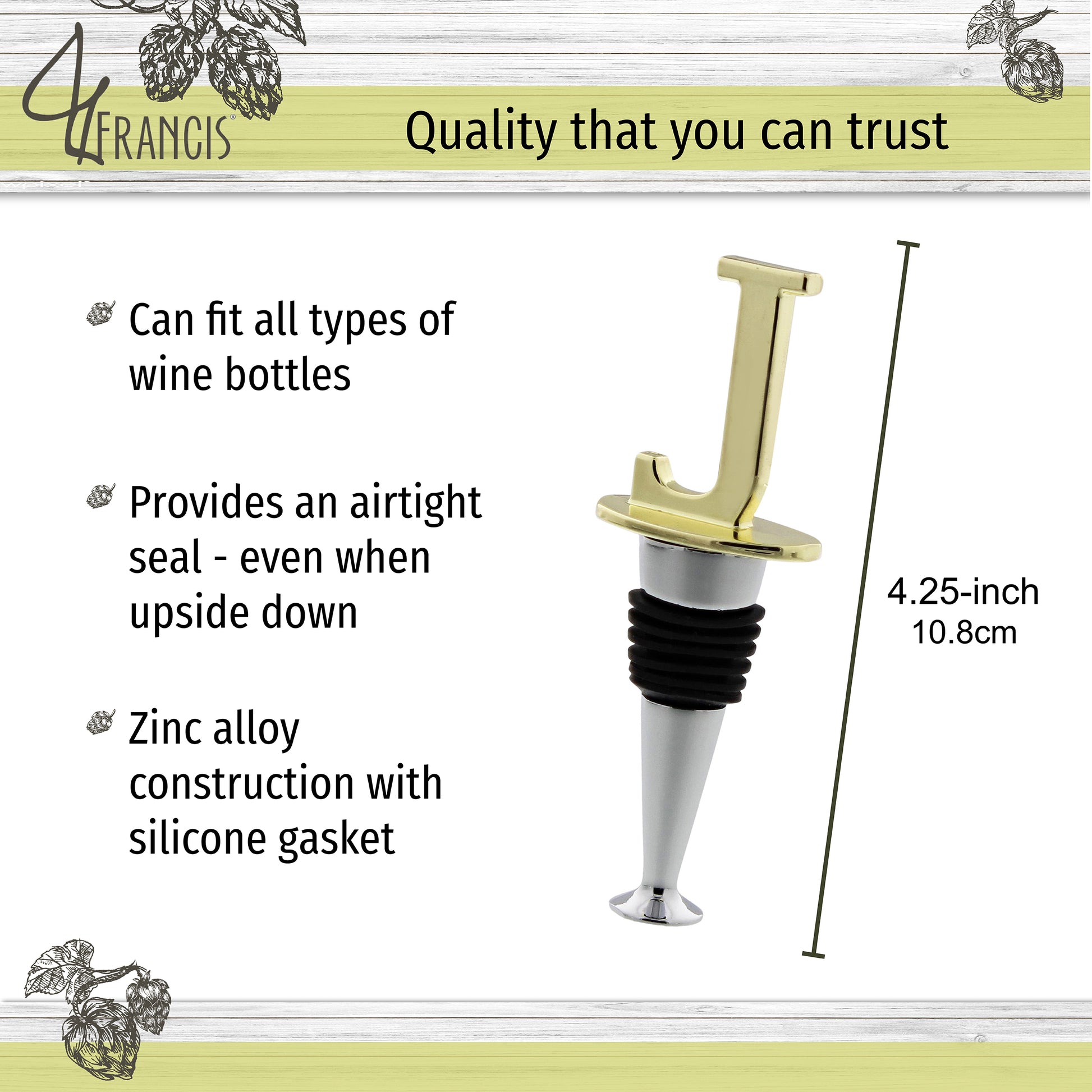 Reusable Wine Cork Bottle Wine Stopper Top Closer Seal, Brass “J”