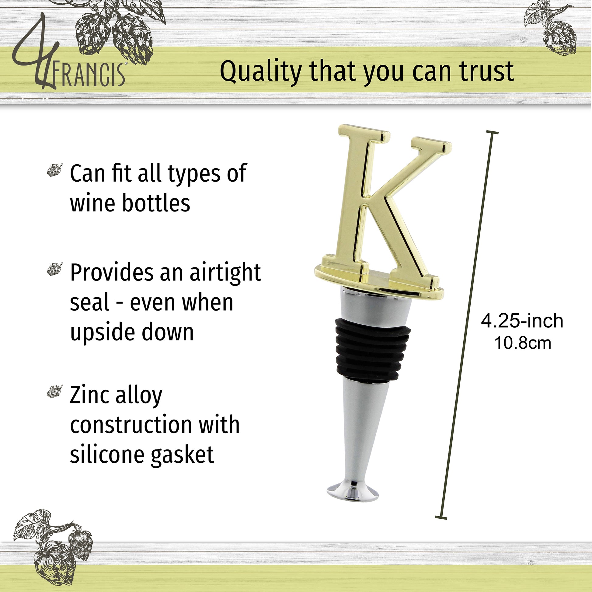 Reusable Wine Cork Bottle Wine Stopper Top Closer Seal, Brass “K”