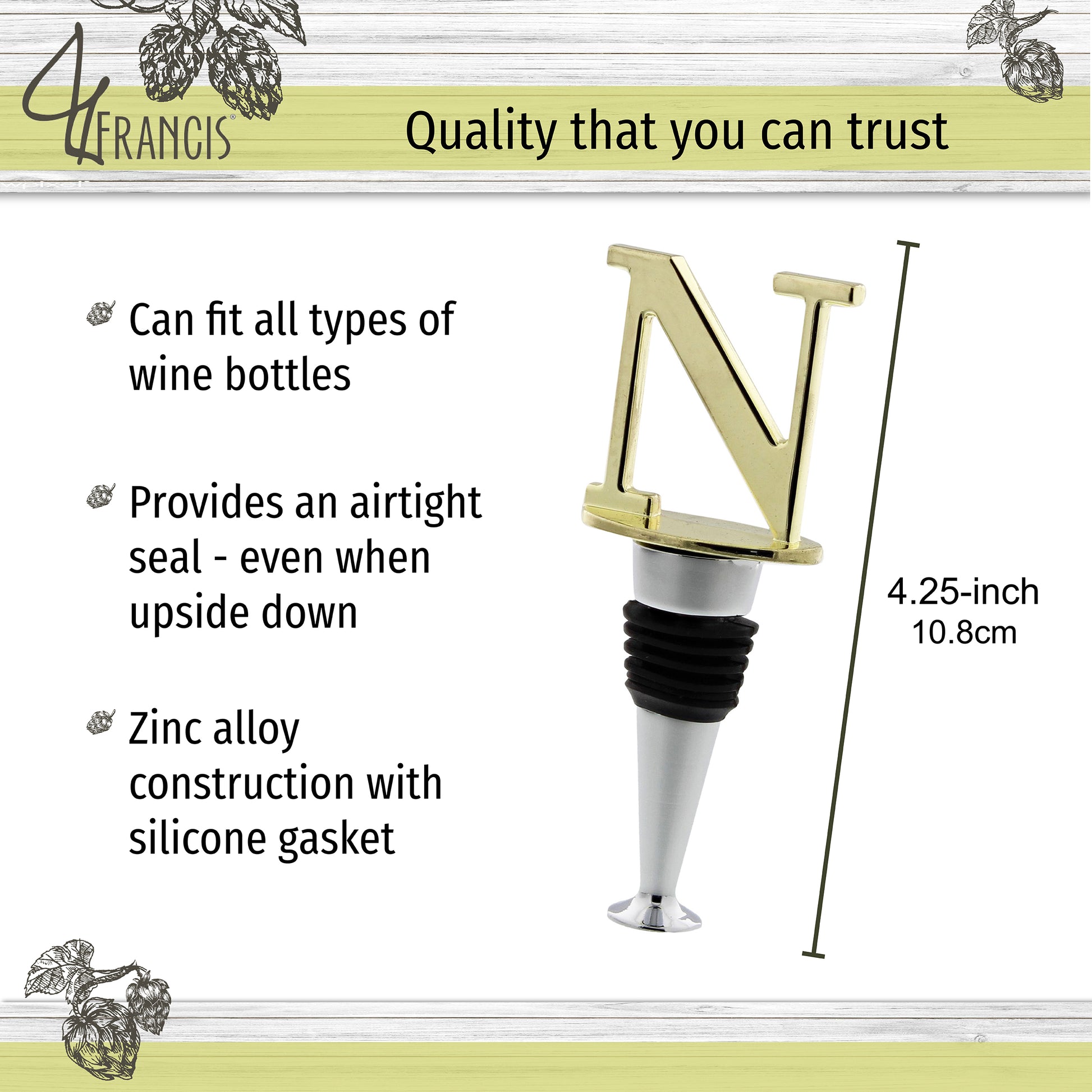 Reusable Wine Cork Bottle Wine Stopper Top Closer Seal, Brass “N”