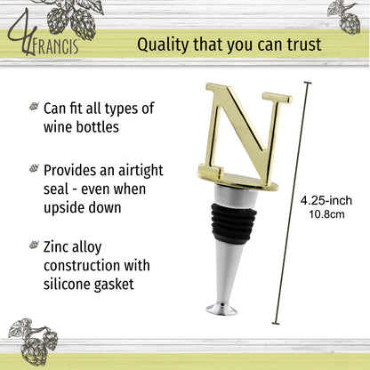 Reusable Wine Cork Bottle Wine Stopper Top Closer Seal, Brass “N”