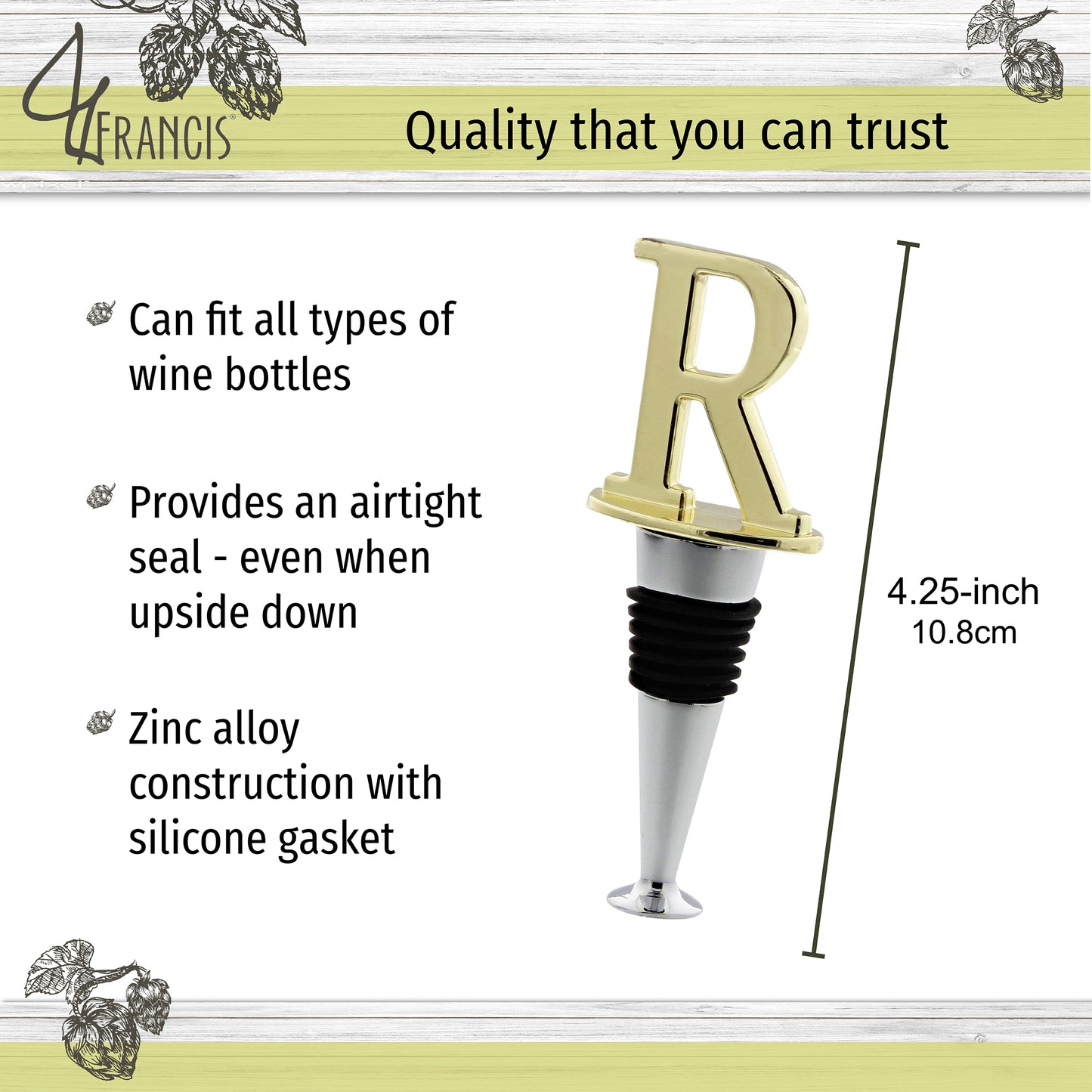 Reusable Wine Cork Bottle Wine Stopper Top Closer Seal, Brass “R”