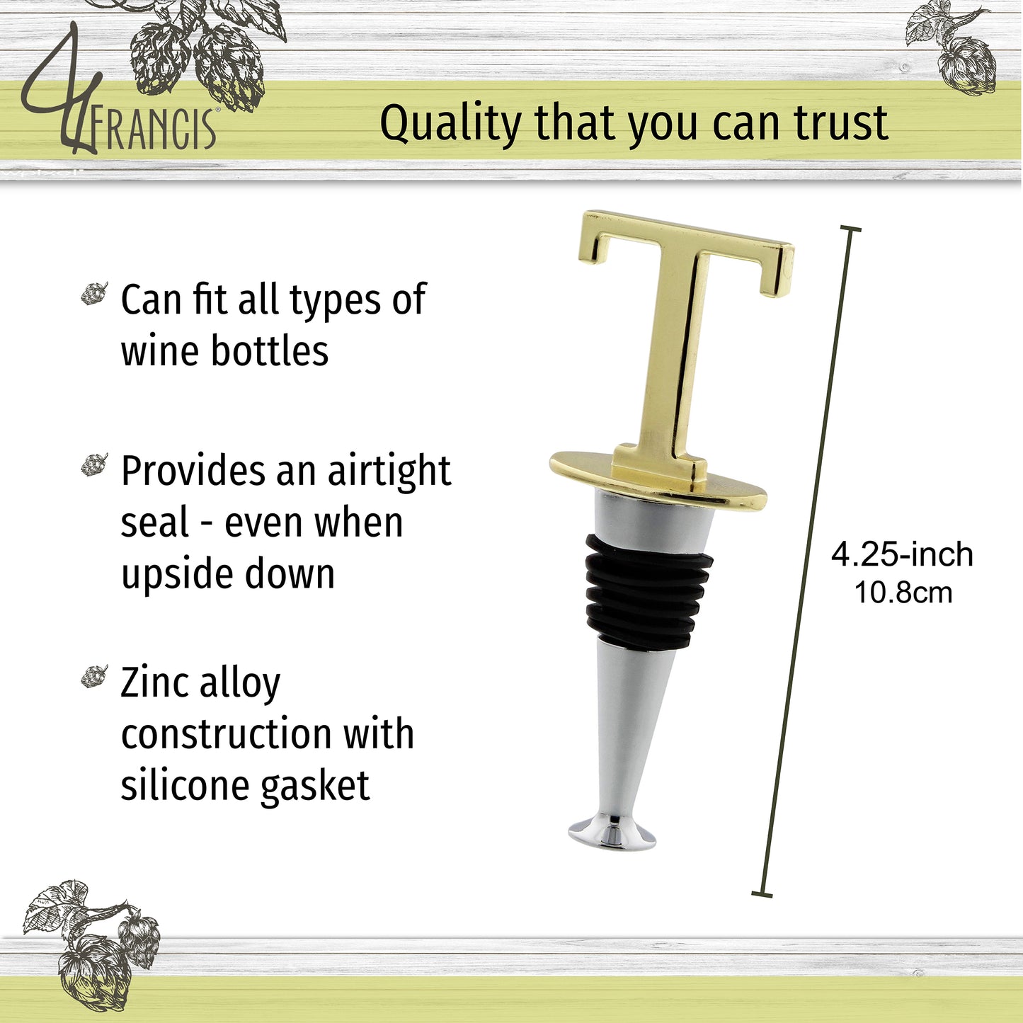 Reusable Wine Cork Bottle Wine Stopper Top Closer Seal, Brass “T”