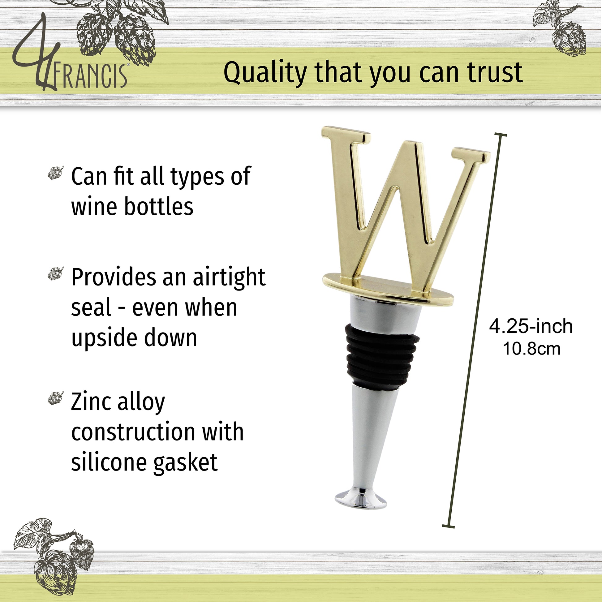 Reusable Wine Cork Bottle Wine Stopper Top Closer Seal, Brass “W”