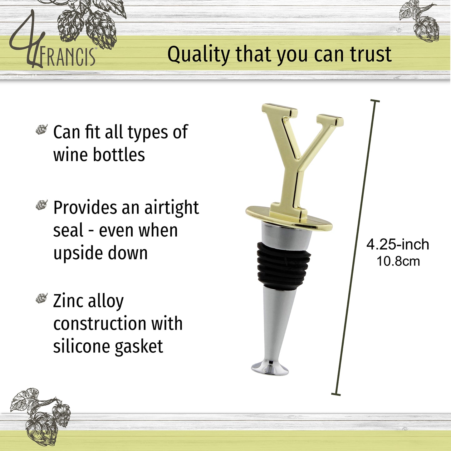 Reusable Wine Cork Bottle Wine Stopper Top Closer Seal, Brass “Y”