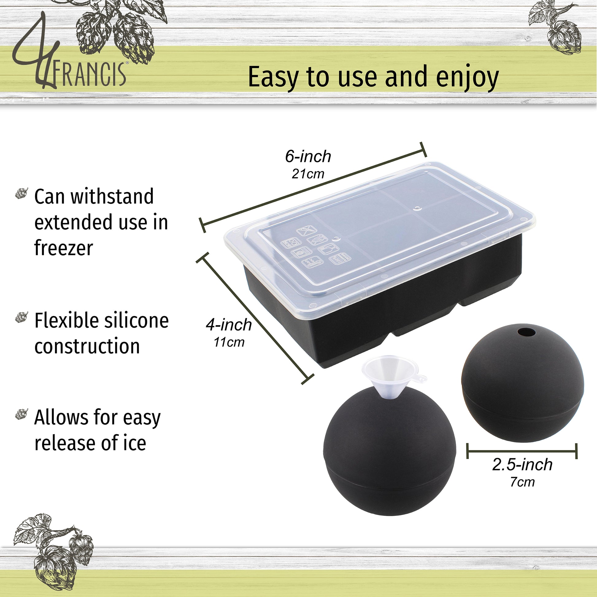 Silicone Ice Cube Mold 6 Cubes 2 Spheres Black Food Drink Ice Tray Set