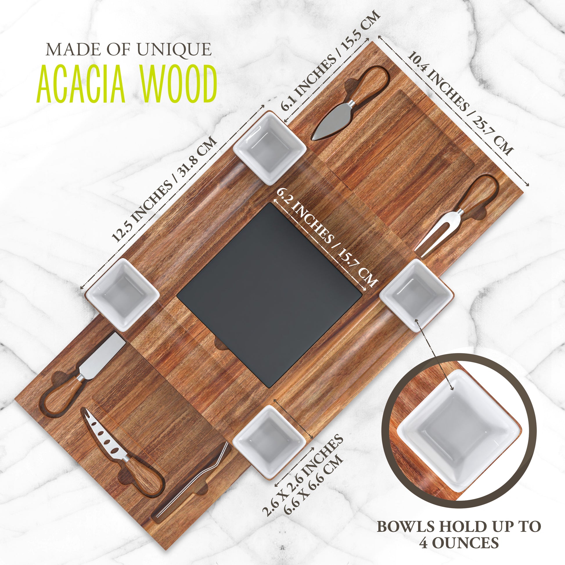 Square Acacia Wood Large Charcuterie Boards with Bowls and Knife Set