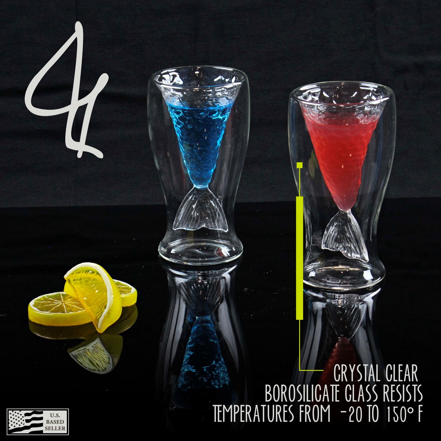 Mermaid Tail Drinking Glasses - 2pk 80mL Stemless Wine Glasses Set