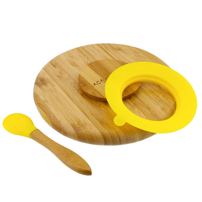 Bamboo Toddler Plates with Spoon in Yellow - Baby Plates with Suction