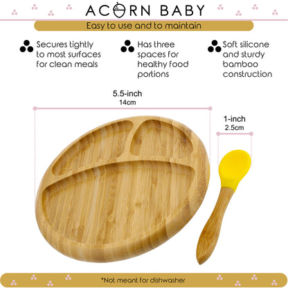 Bamboo Toddler Plates with Spoon in Yellow - Baby Plates with Suction