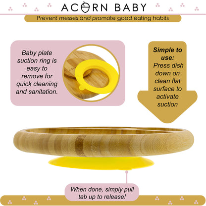 Bamboo Toddler Plates with Spoon in Yellow - Baby Plates with Suction