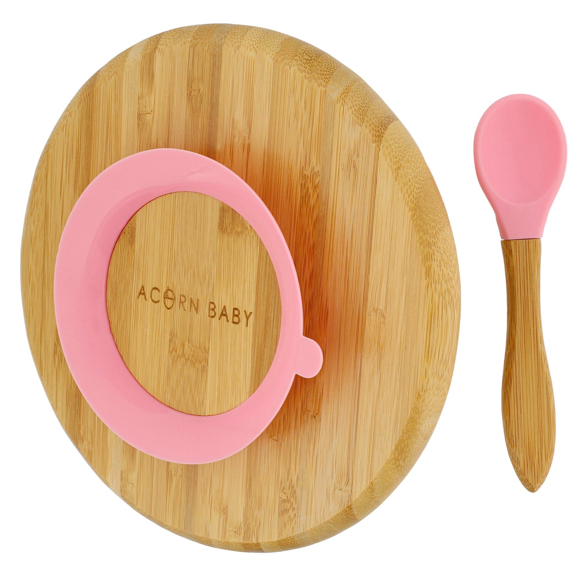 Bamboo Toddler Plates with Spoon in Pink - Baby Plates with Suction