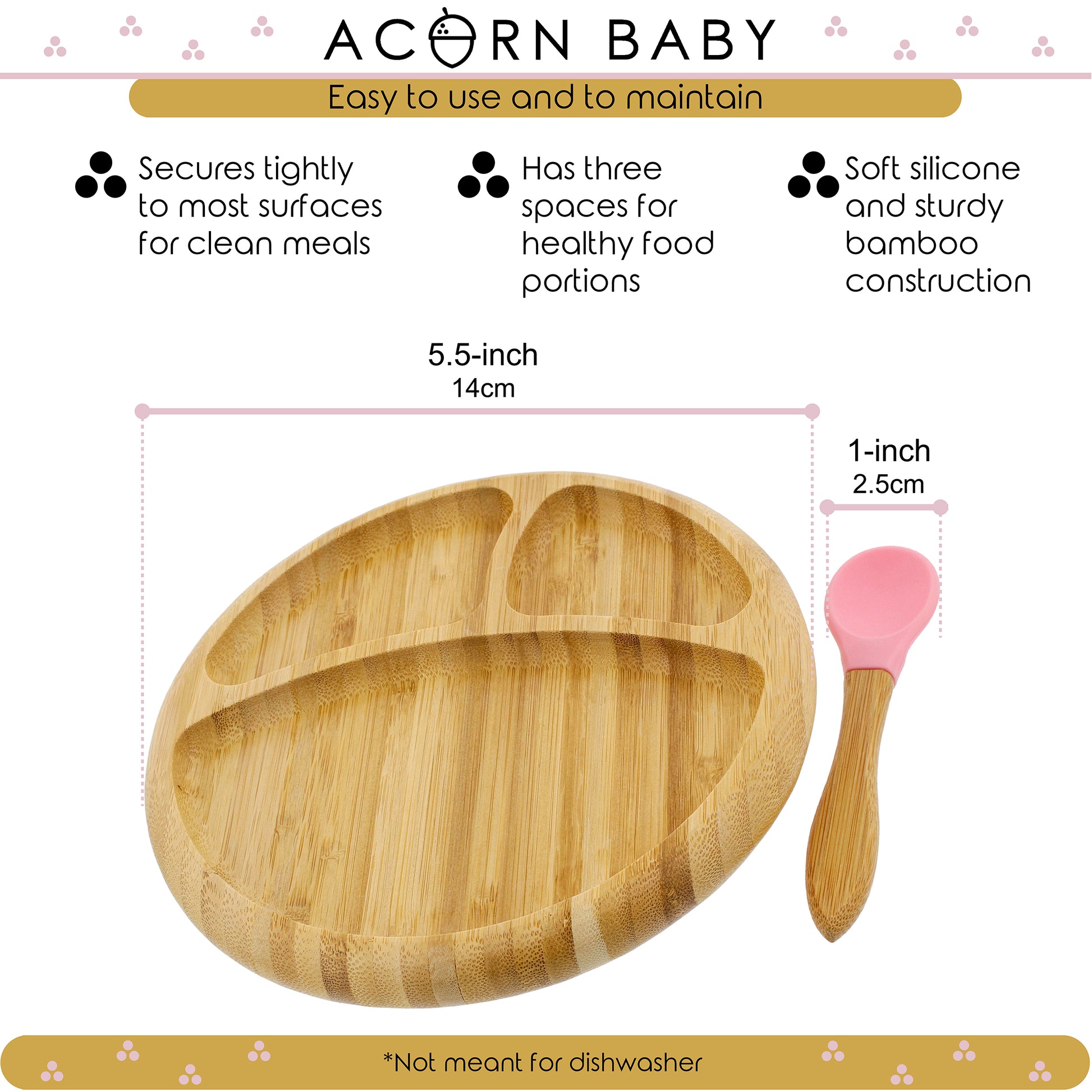 Bamboo Toddler Plates with Spoon in Pink - Baby Plates with Suction