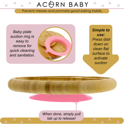 Bamboo Toddler Plates with Spoon in Pink - Baby Plates with Suction
