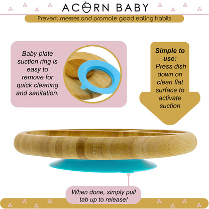 Bamboo Toddler Plates with Spoon in Blue - Baby Plates with Suction