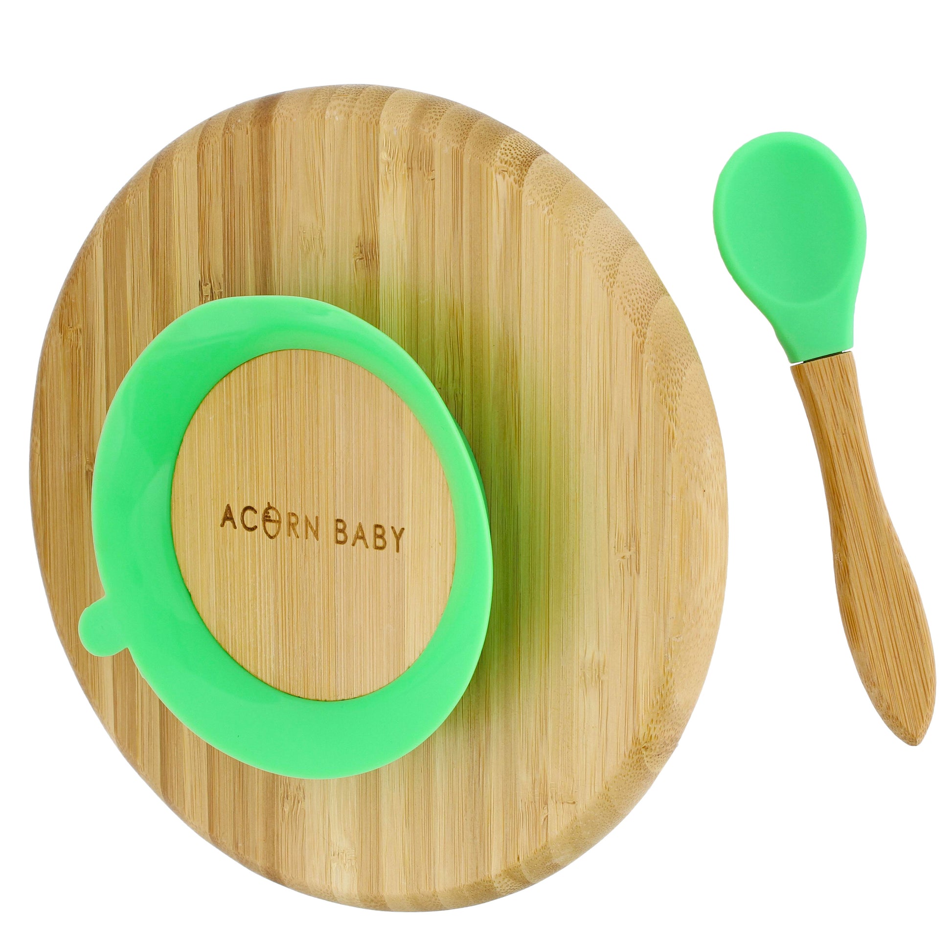 Bamboo Toddler Plates with Spoon in Green - Baby Plates with Suction