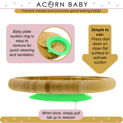 Bamboo Toddler Plates with Spoon in Green - Baby Plates with Suction