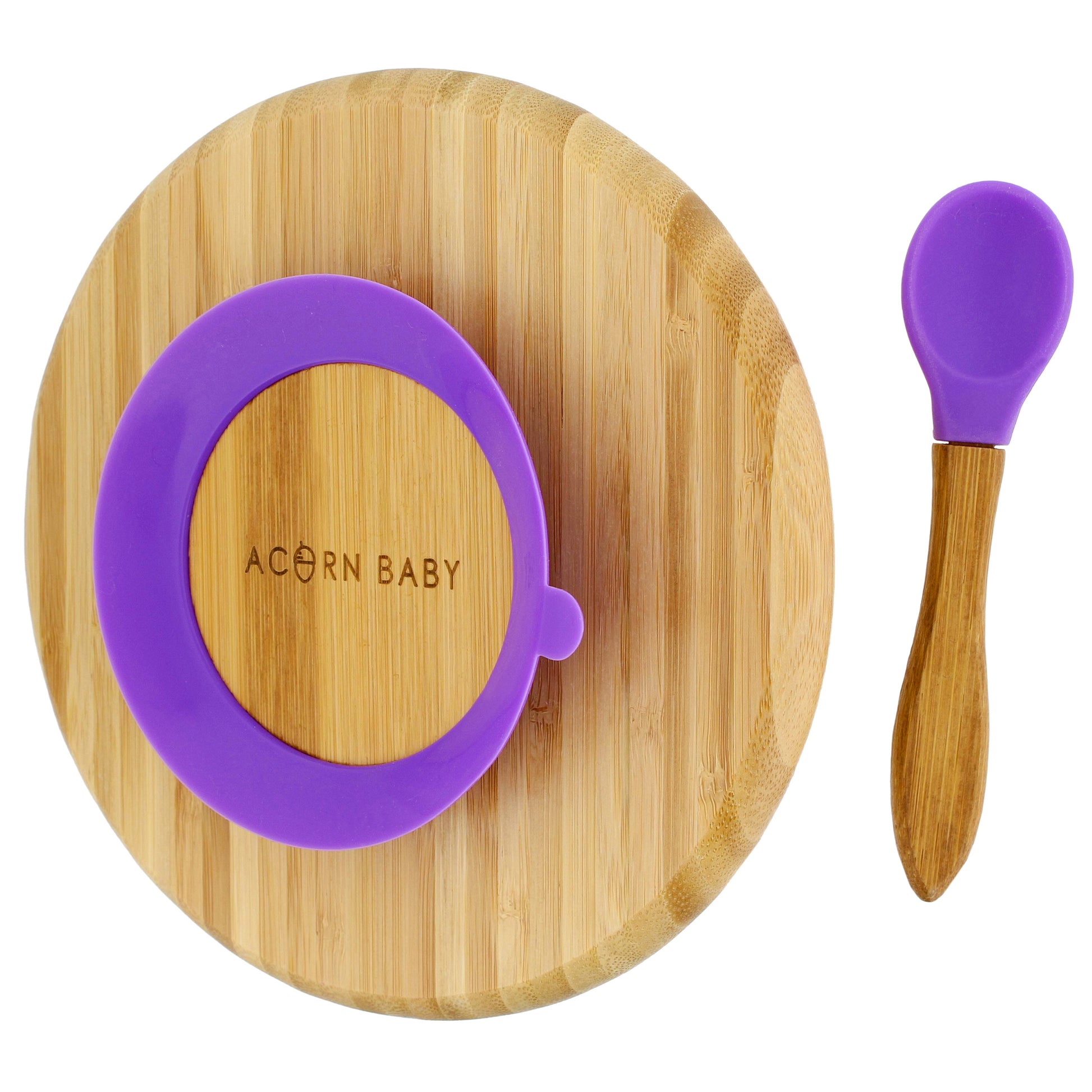 Bamboo Toddler Plates with Spoon in Purple - Baby Plates with Suction