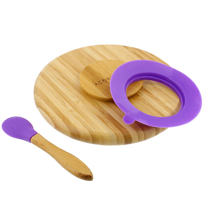 Bamboo Toddler Plates with Spoon in Purple - Baby Plates with Suction