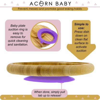 Bamboo Toddler Plates with Spoon in Purple - Baby Plates with Suction