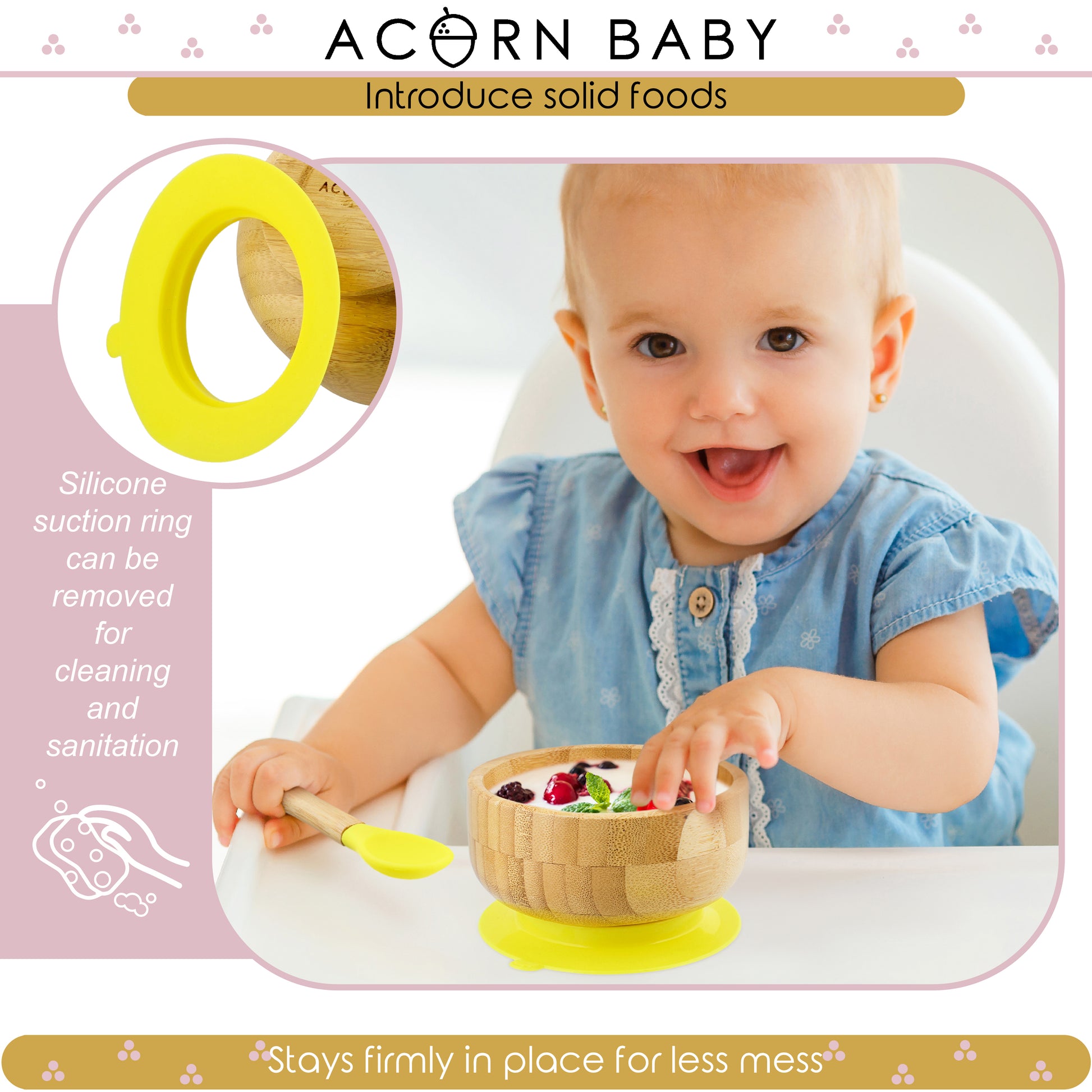 Bamboo Baby Bowl and Silicone Baby Spoon Yellow Set for Solid Food