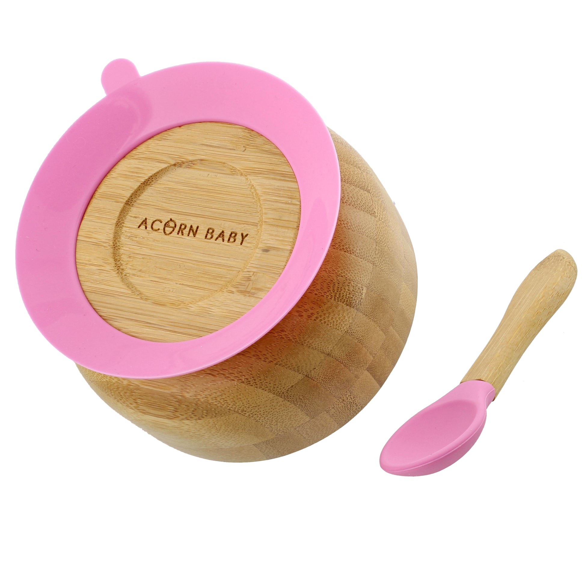 Bamboo Baby Bowl and Silicone Baby Spoon Pink Set for Solid Food