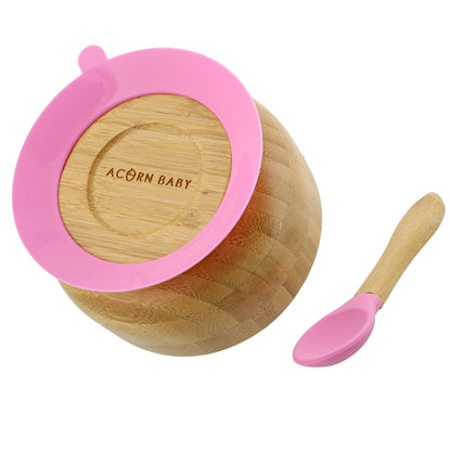 Bamboo Baby Bowl and Silicone Baby Spoon Pink Set for Solid Food