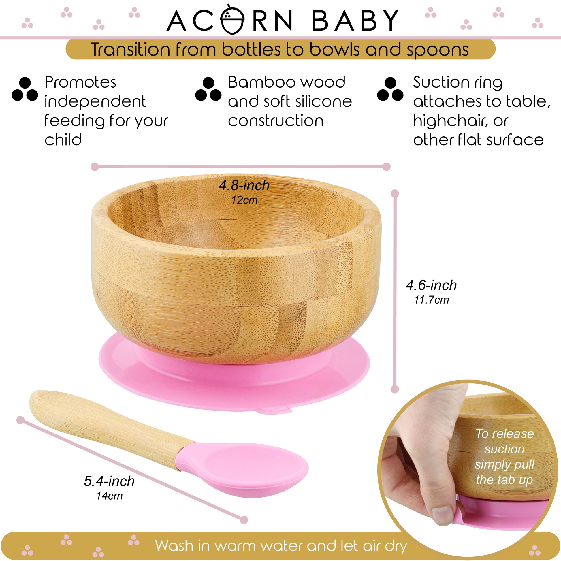 Bamboo Baby Bowl and Silicone Baby Spoon Pink Set for Solid Food