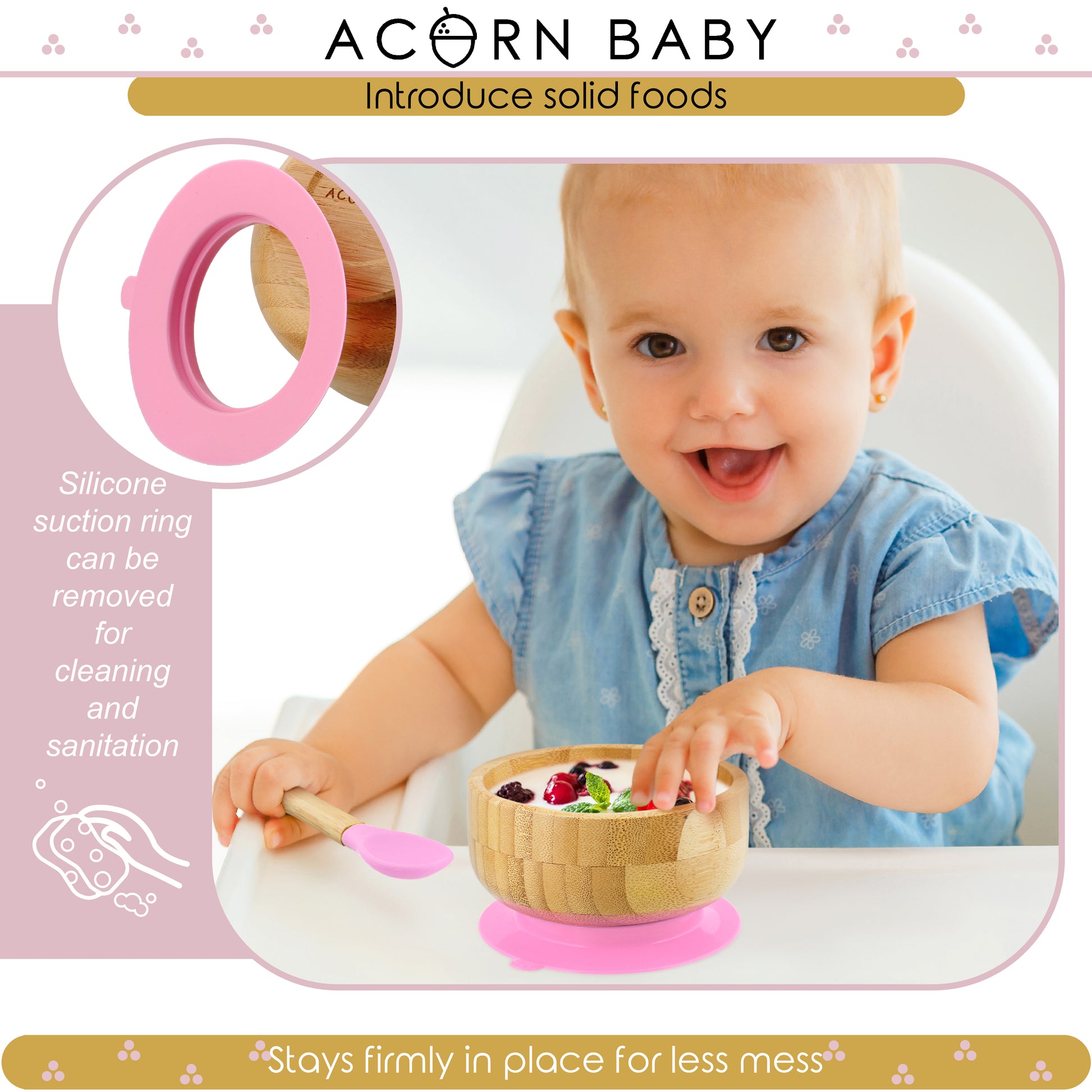 Bamboo Baby Bowl and Silicone Baby Spoon Pink Set for Solid Food