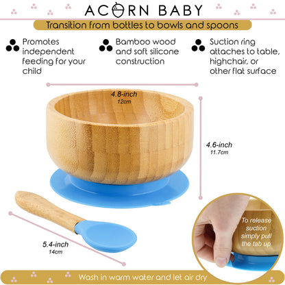 Bamboo Baby Bowl and Silicone Baby Spoon Blue Set for Solid Food