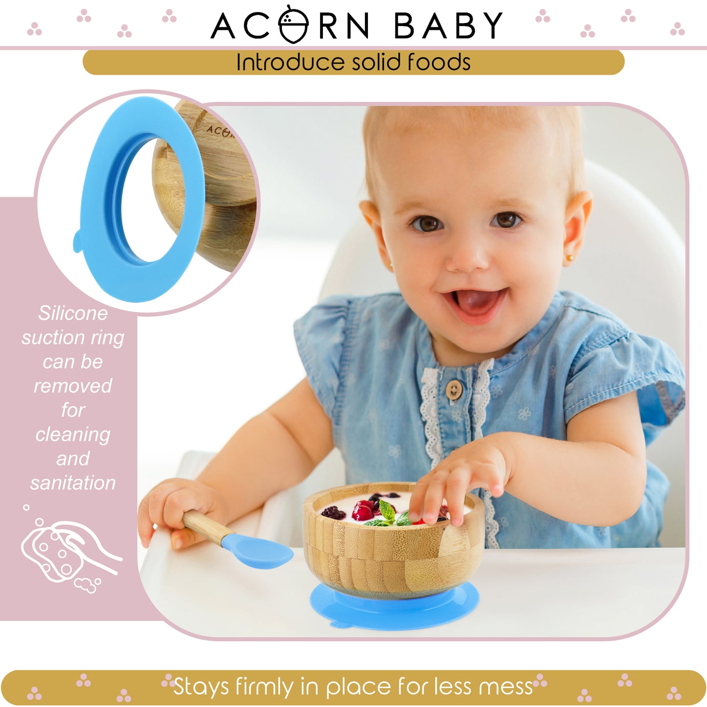 Bamboo Baby Bowl and Silicone Baby Spoon Blue Set for Solid Food