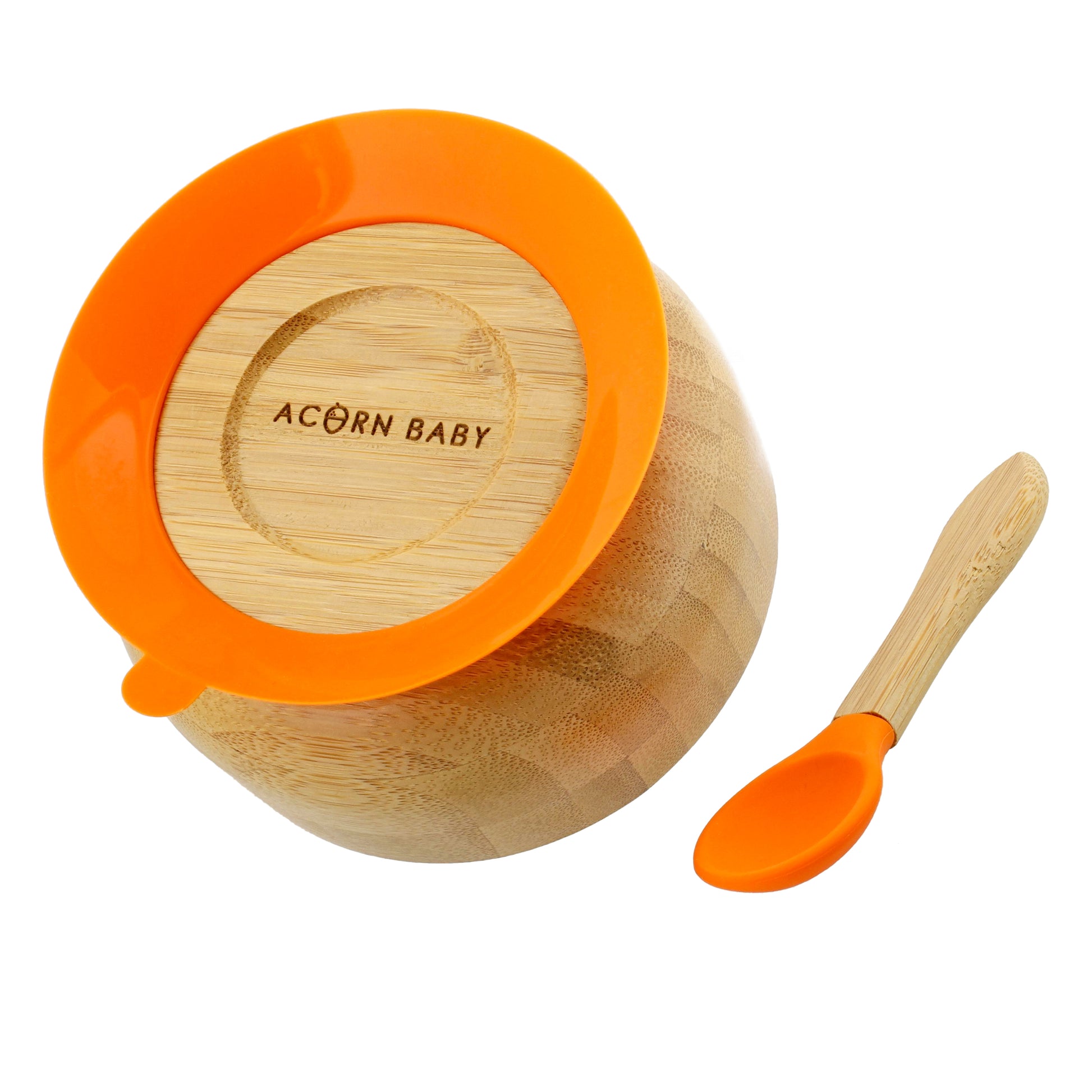 Bamboo Baby Bowl and Silicone Baby Spoon Orange Set for Solid Food