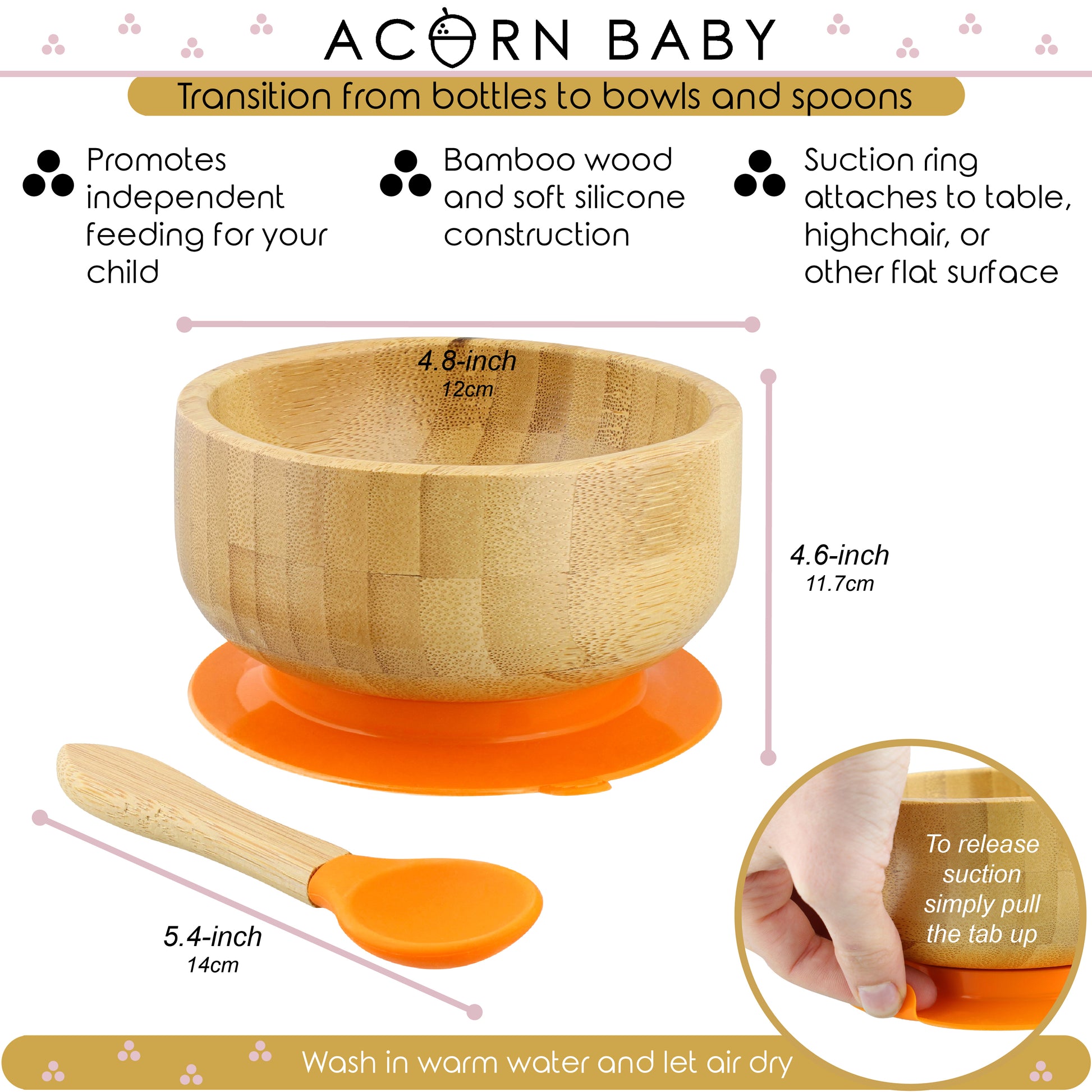 Bamboo Baby Bowl and Silicone Baby Spoon Orange Set for Solid Food