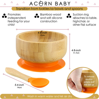 Bamboo Baby Bowl and Silicone Baby Spoon Orange Set for Solid Food
