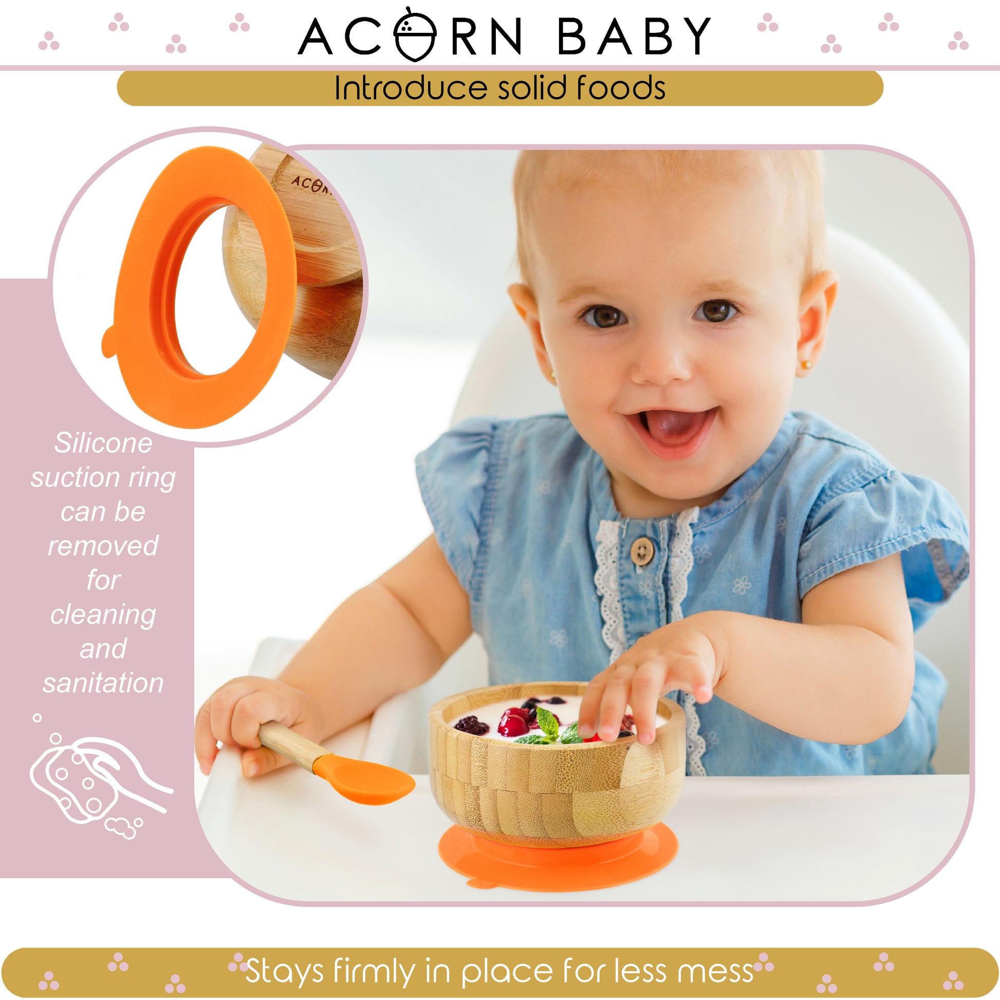 Bamboo Baby Bowl and Silicone Baby Spoon Orange Set for Solid Food