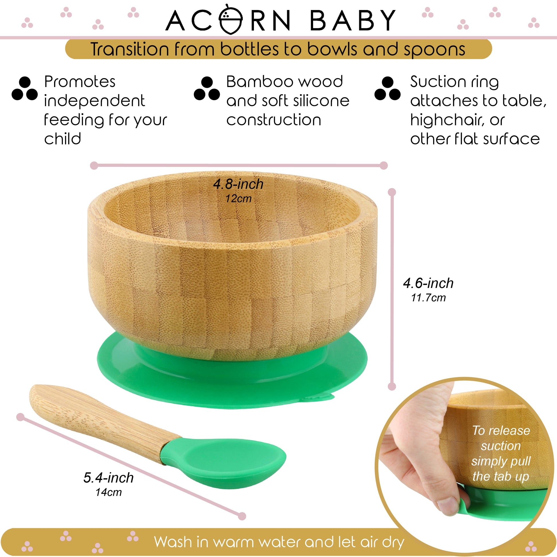 Bamboo Baby Bowl and Silicone Baby Spoon Green Set for Solid Food