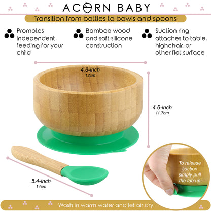 Bamboo Baby Bowl and Silicone Baby Spoon Green Set for Solid Food