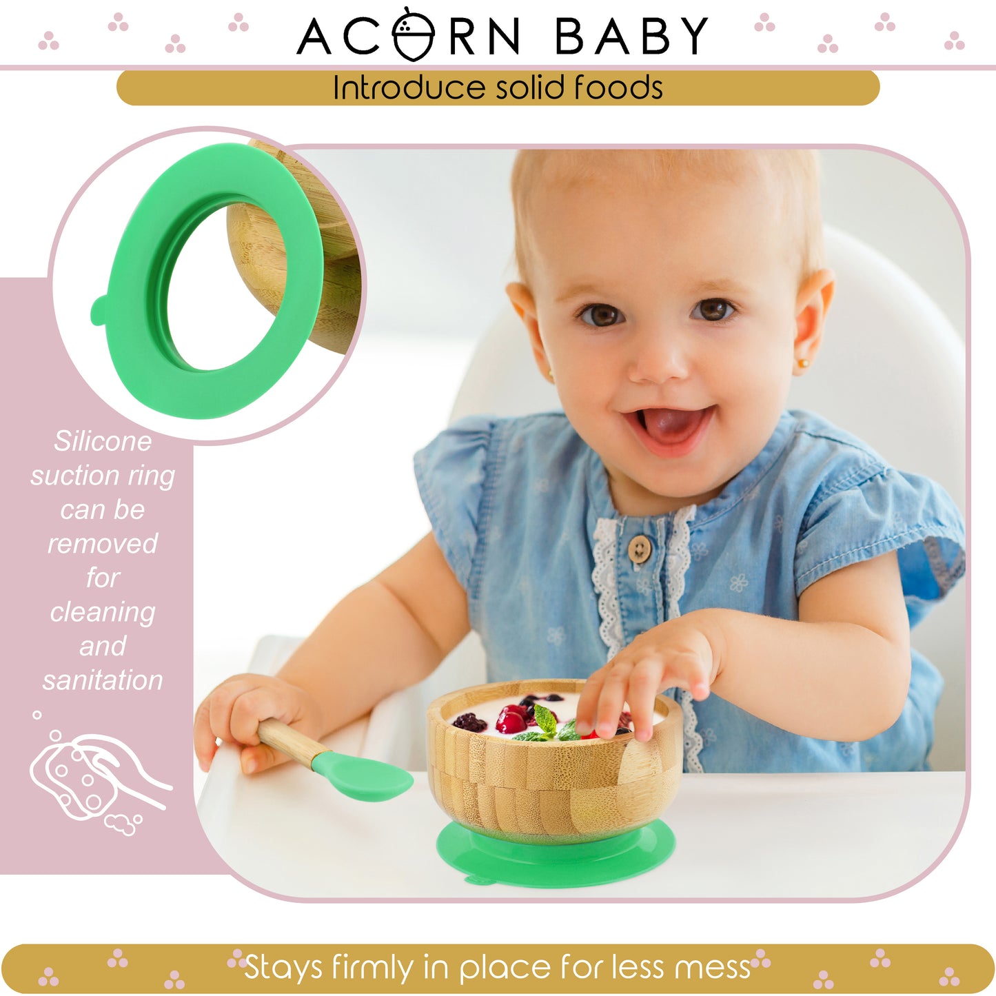 Bamboo Baby Bowl and Silicone Baby Spoon Green Set for Solid Food