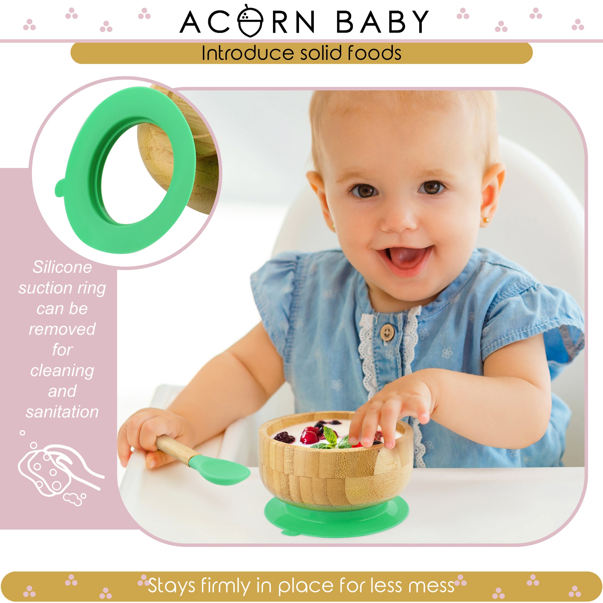 Bamboo Baby Bowl and Silicone Baby Spoon Green Set for Solid Food