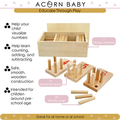 Montessori Counting Wooden Peg Board, 1-10 Pre K Math Manipulative Toy