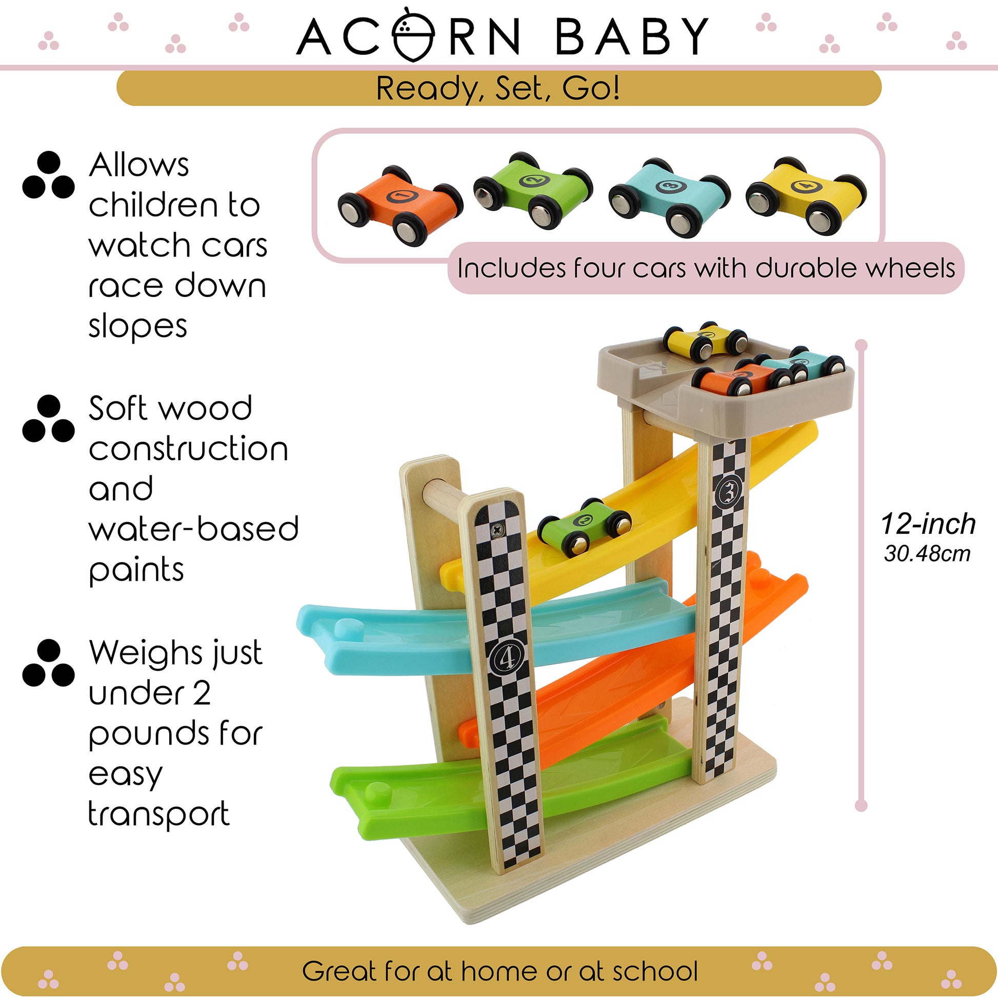 Wooden Vertical Race Track - 4 Wooden Car Track 12in Ramp Toy Tower
