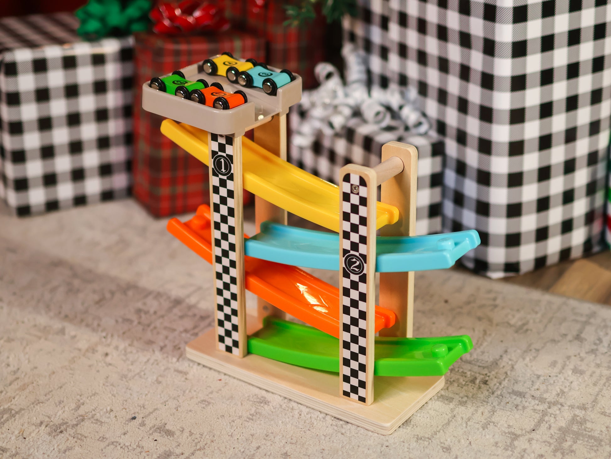 Wooden Vertical Race Track - 4 Wooden Car Track 12in Ramp Toy Tower