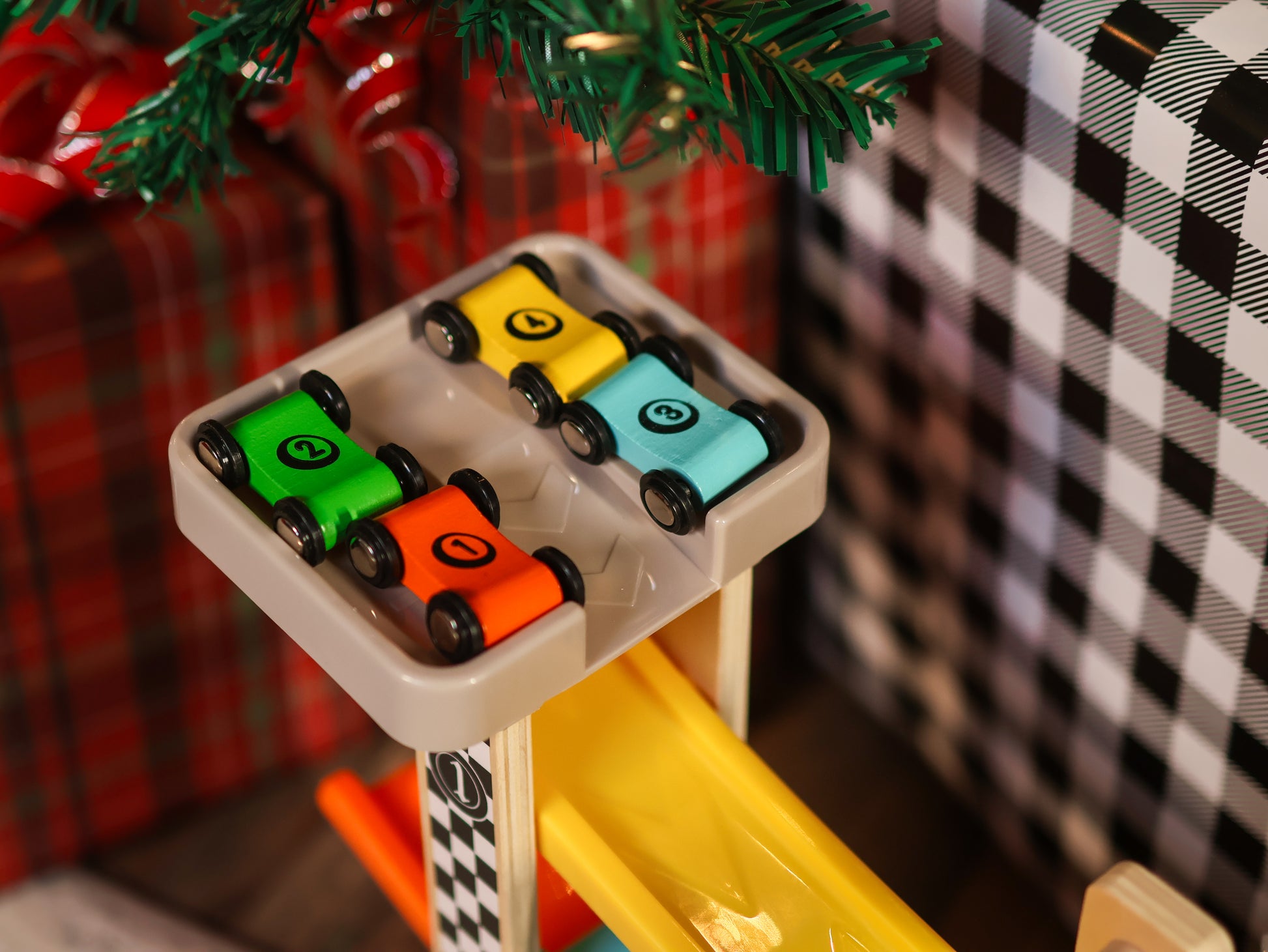 Wooden Vertical Race Track - 4 Wooden Car Track 12in Ramp Toy Tower