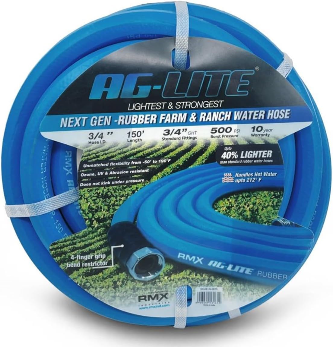 AG-LITE AL34150 3/4" x 150' Rubber Farm & Ranch Water Hose, Lightweight, 500 PSI