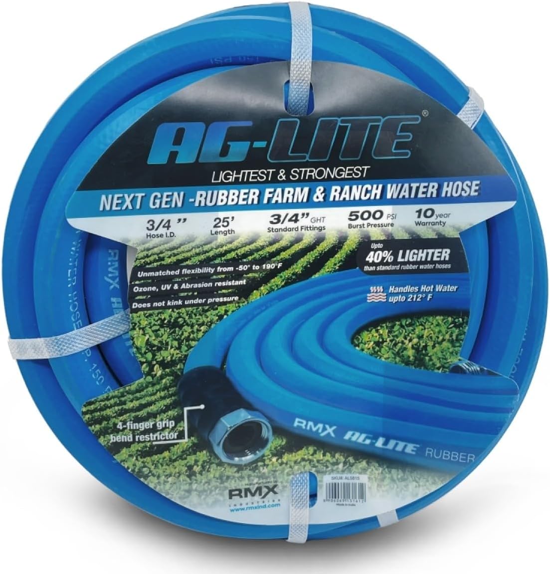 AG-LITE AL3425 3/4" x 25' Rubber Farm & Ranch Water Hose, Lightweight, 500 PSI