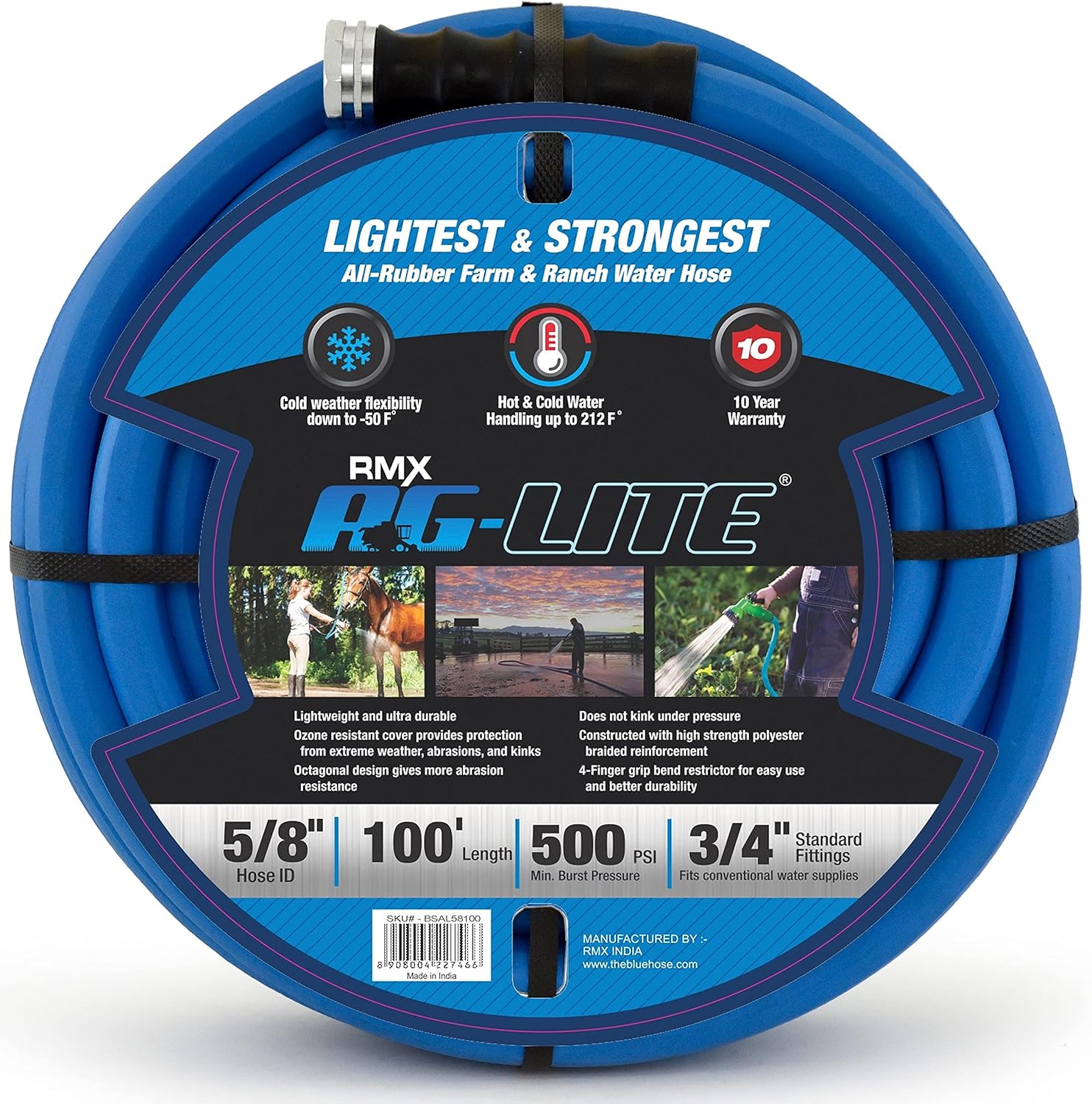 AG-LITE BSAL58100 5/8" x 100' Hot/Cold Water Rubber Garden Hose, 100% Rubber