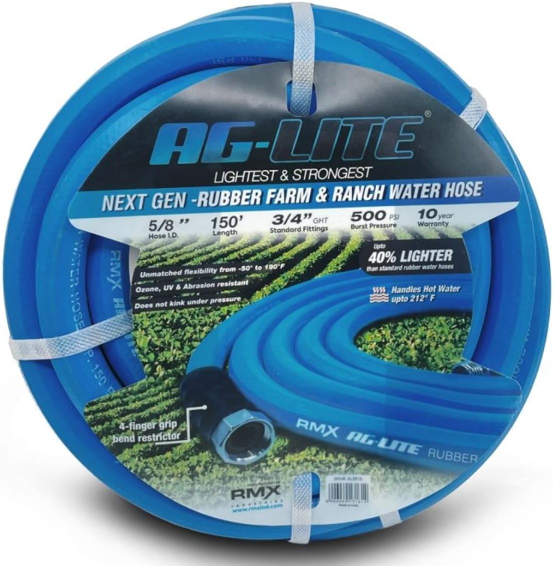 AG-LITE AL58150 5/8" x 150' Rubber Farm & Ranch Water Hose, Lightweight, 500 PSI