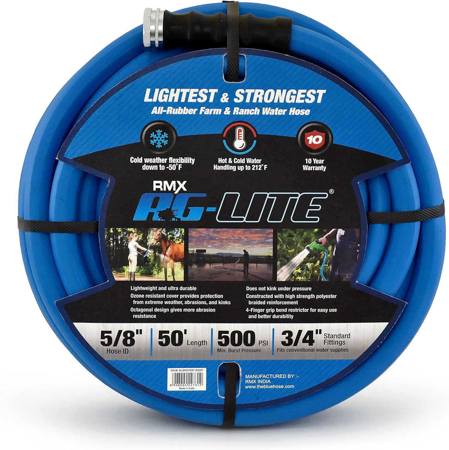 AG-LITE BSAL5850 5/8" x 50' Hot/Cold Water Rubber Garden Hose, 100% Rubber