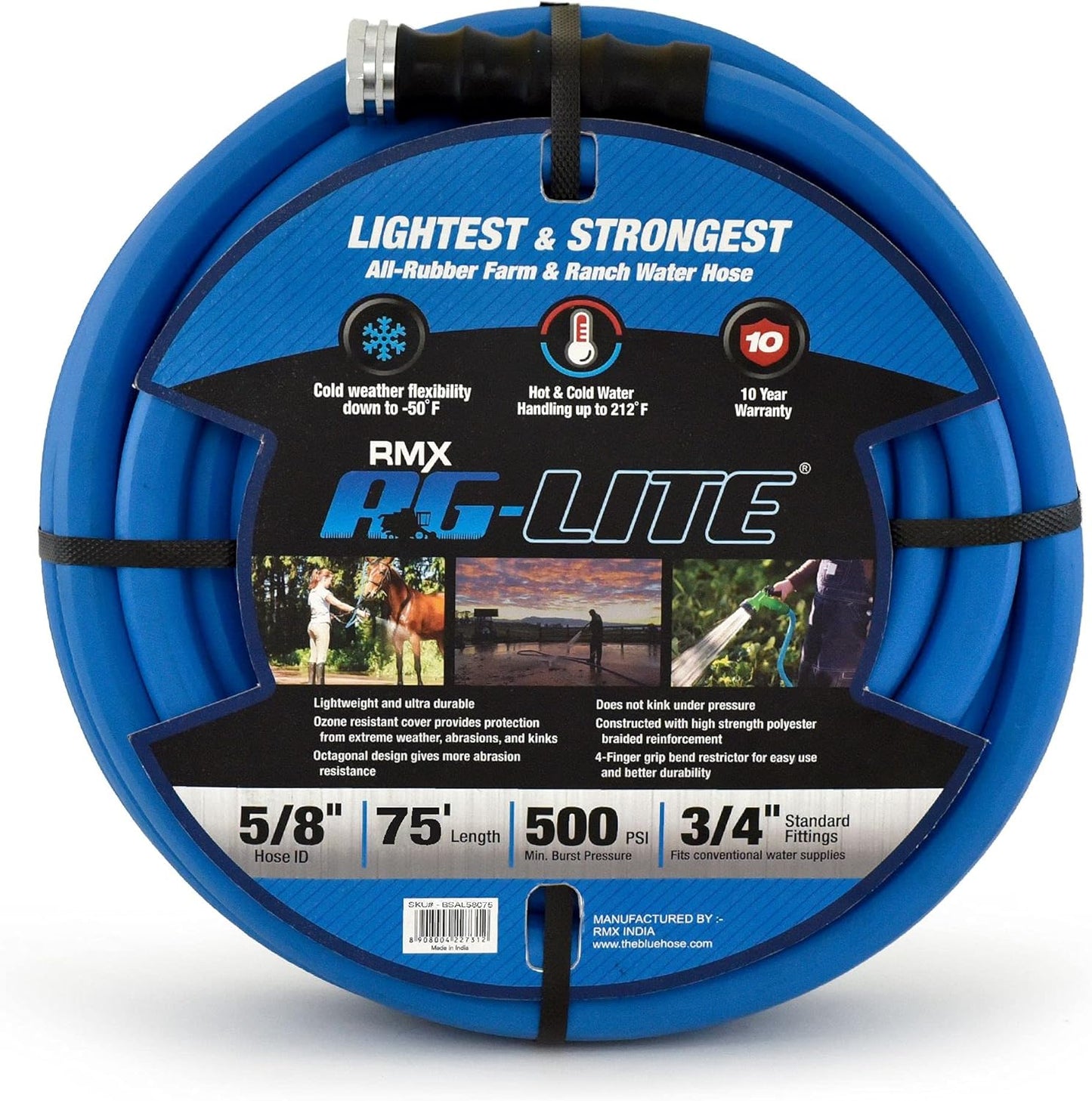 AG-LITE BSAL5875 5/8" x 75'' Hot/Cold Water Rubber Garden Hose, 100% Rubber