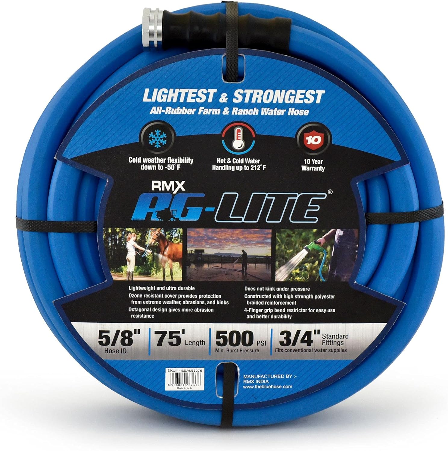 AG-LITE BSAL5875 5/8" x 75'' Hot/Cold Water Rubber Garden Hose, 100% Rubber